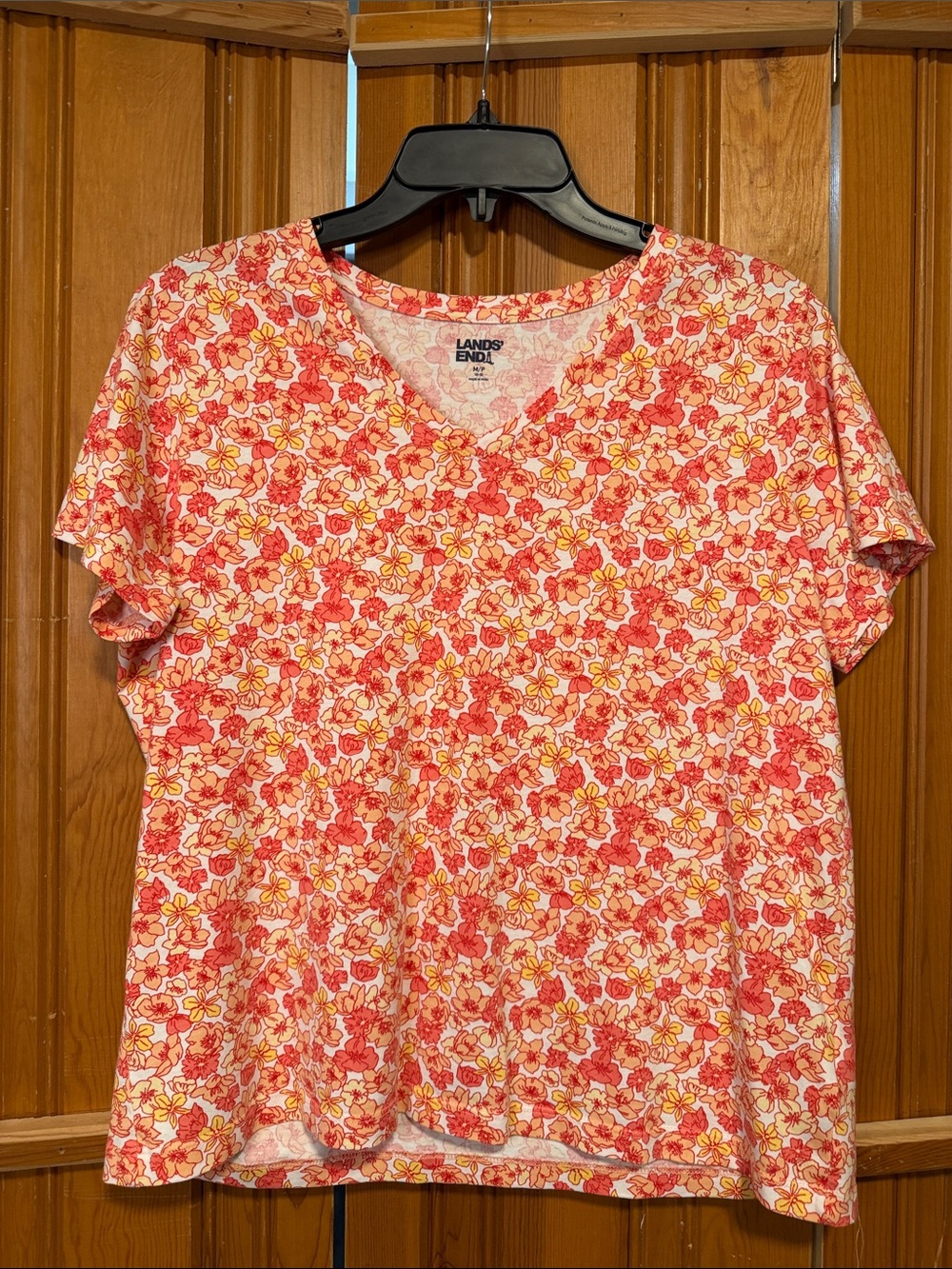 Lands' End Women's Coral Floral V-Neck Short Sleeve Tee